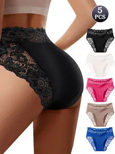 QUASTI 5-Piece Mid-Waist Sexy Lace Panties For Women, Elegant Silky Smooth Fabric, Soft, Breathable, Highly Elastic, Combining Elegance and Sexiness, Comfortable Fit Seamless Underwear, Sizes S-XXL