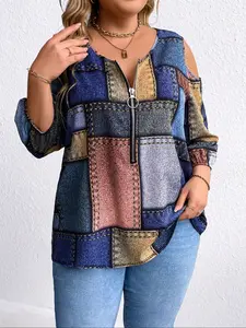 Plus Size Women's Casual Zipper Top, Colorful Irregular Denim Print Off-Shoulder Blouse, Spring & Fall Fashion, Halloween Christmas Party Wear