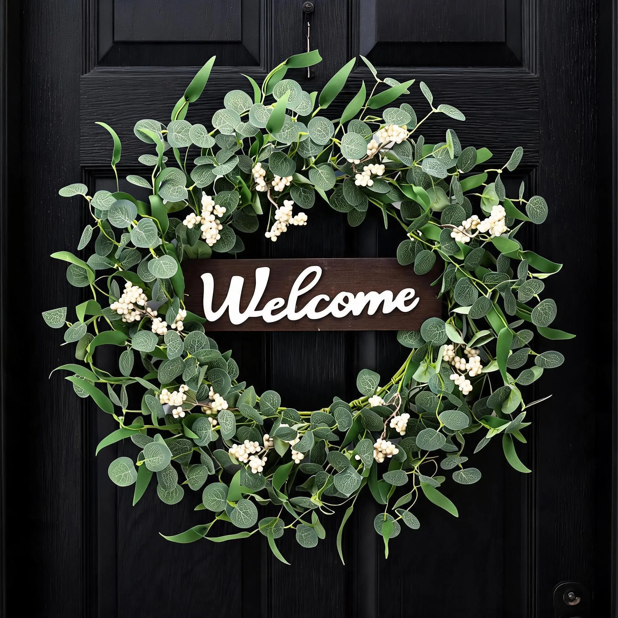 Garvee Eucalyptus Wreath with Welcome Sign for Front Door, 20in Spring Summer Wreath with Artificial Green Eucalyptus Leaf and White Berries for Window Porch Indoor Outdoor Farmhouse Decor