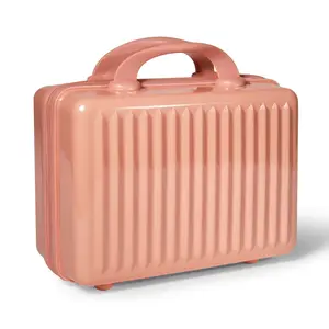 Pink Vertical Stripe Hard Shell Makeup Case | Portable Mini Travel Cosmetic Organizer with Elastic Straps | Durable ABS Vanity Bag