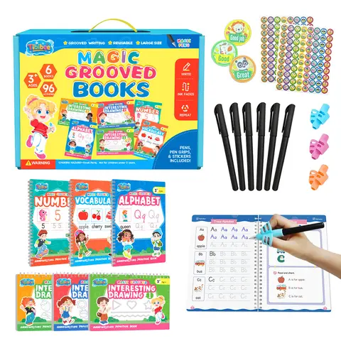 Tibibee 6-Piece Magic Groove Reusable Writing Practice Book Set - 3+ Yrs, Deep Tracing Grooves, Letters, Numbers, Math, Drawing, Disappearing Ink Pens, Grips, 110lb, 2D & 3D Shapes, Toddler Gifts, Preschool Learning, Homeschool Supplies