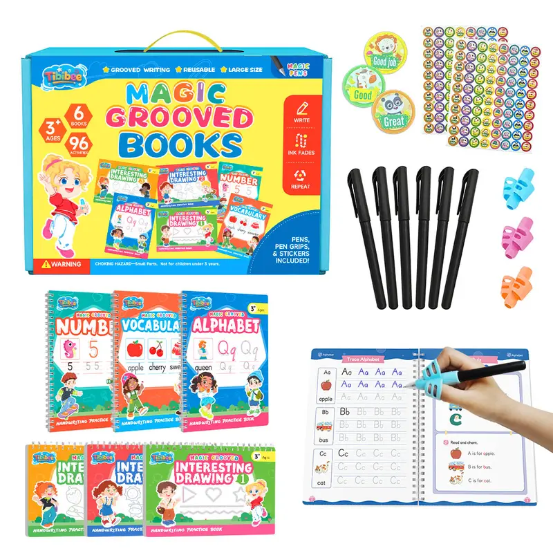Tibibee 6 Magic Groove Writing Practice Book Set For Kids Ages 3–8, Reusable Handwriting Workbooks with Deep Tracing Grooves – Letters, Numbers, Math & Drawing – Disappearing Ink Pens & Grips – Great Gifts for Kids,Phonics Alphabet Chart
