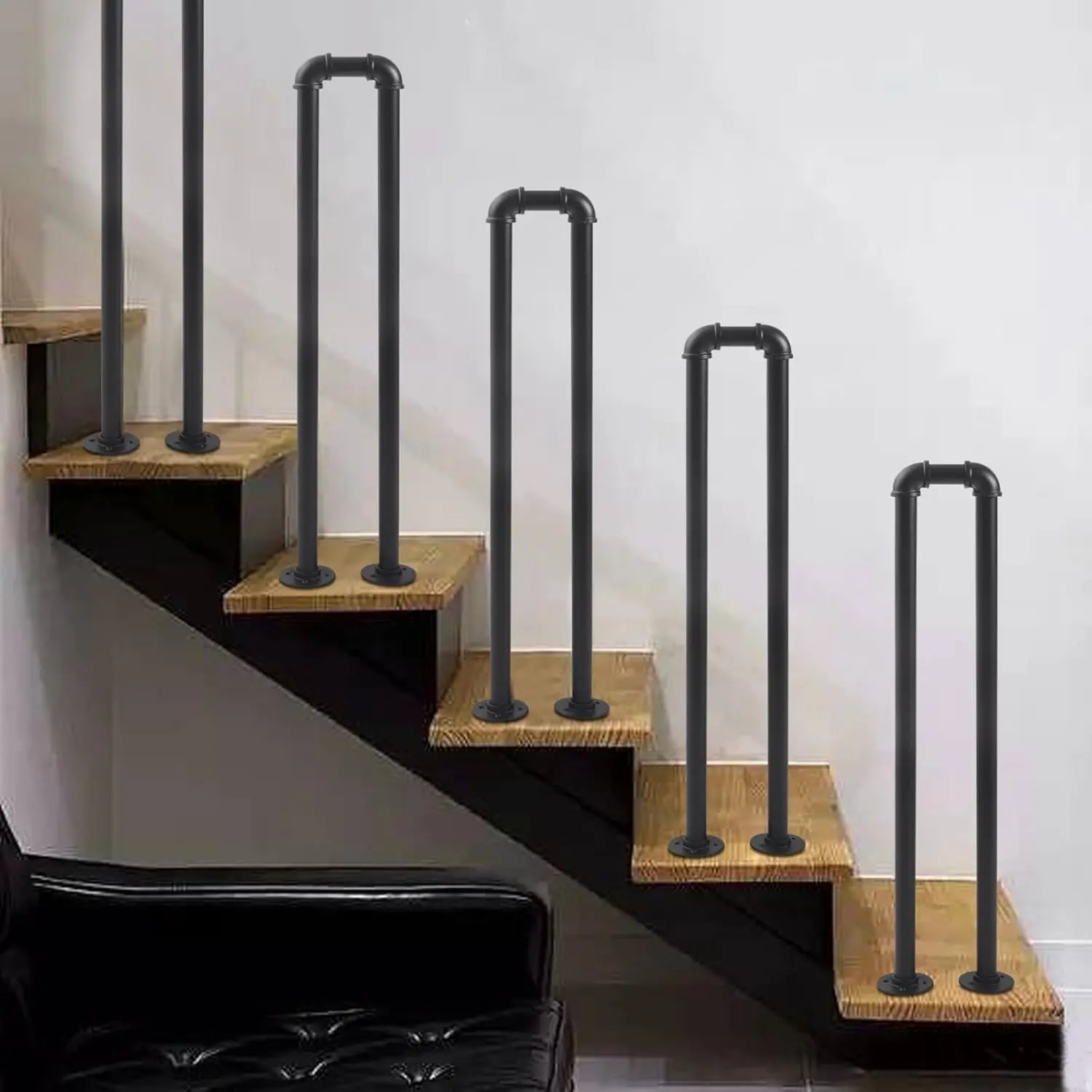 Matte Black Stylish Galvanized Steel Stair Handrail - 1-U-Shape with 2-Flanges, Minimalist Industrial Non-Slip Sturdy Support Poles, Polished for Stairs, Lofts, Indoor/Outdoor Home Corridor Use, Polishing