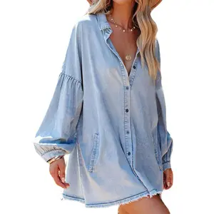 Women's Oversized Distressed Denim Button-Down Shirt Tunic Dress: Flowy Mini Jean Dress with Pockets