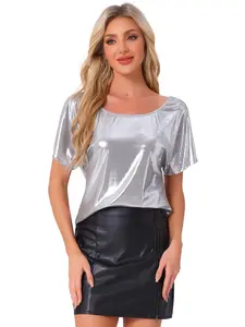 INSPIRE CHIC Metallic Tops for Women Off Shoulder Short Sleeve Loose Party Sparkly Blouse