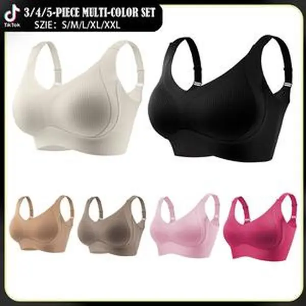 Women's Solid Four-Row Buckle Adjustable Wireless Sports Bra, Women's Lingerie Suitable for All Seasons, Suitable for Teenage Girls' Bras and Mother's Day, Soft, Comfortable, Breathable Ribbed Push-Up Seamless Bra, Gift