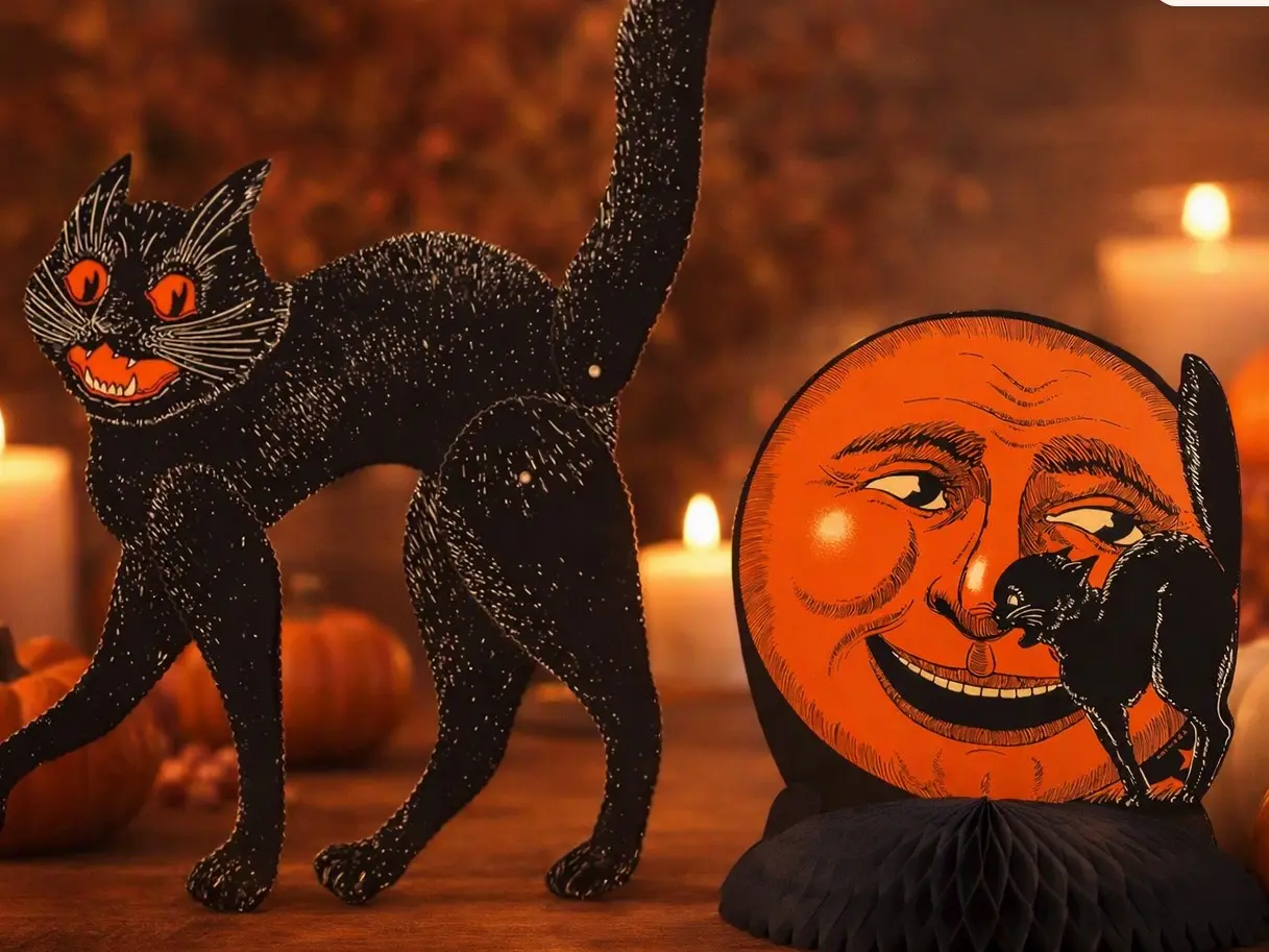 Halloween Home Decor Figurines Set - 20.5" Jointed Cat, 9.75" Moon Centerpiece Table Decor Statues for Home Supplies
