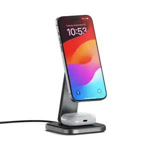 Satechi 2-in-1 Foldable Qi2 Wireless Charging Stand - 15W MagSafe for iPhone & AirPods, Portable Travel Charger, USB-C