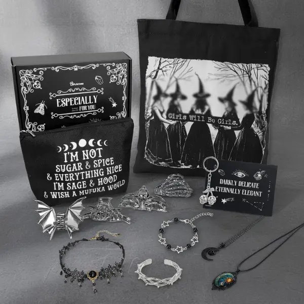 Gifts for Women - 12 PCS Witchy Gifts Goth Accessories with Hair Clips, Witch Canvas Tote Makeup Bag, Spooky Gifts Basket Witchy Skull Gift Box for Girls Teens Friend Halloween Lovers