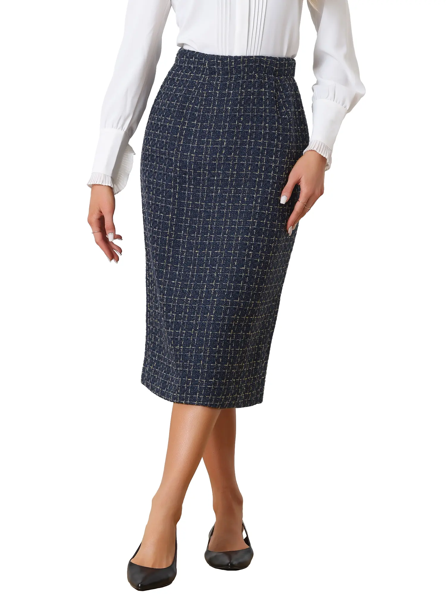 INSPIRE CHIC Plaid Tweed High Waist Business Casual Bodycon Pencil Skirt