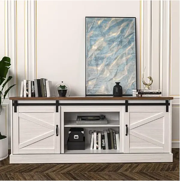 Farmhouse TV Stand up to 65 Inches TV, Sliding Barn Door Entertainment Center, TV Cabinet Storage Shelves, Media Furniture for Living Room