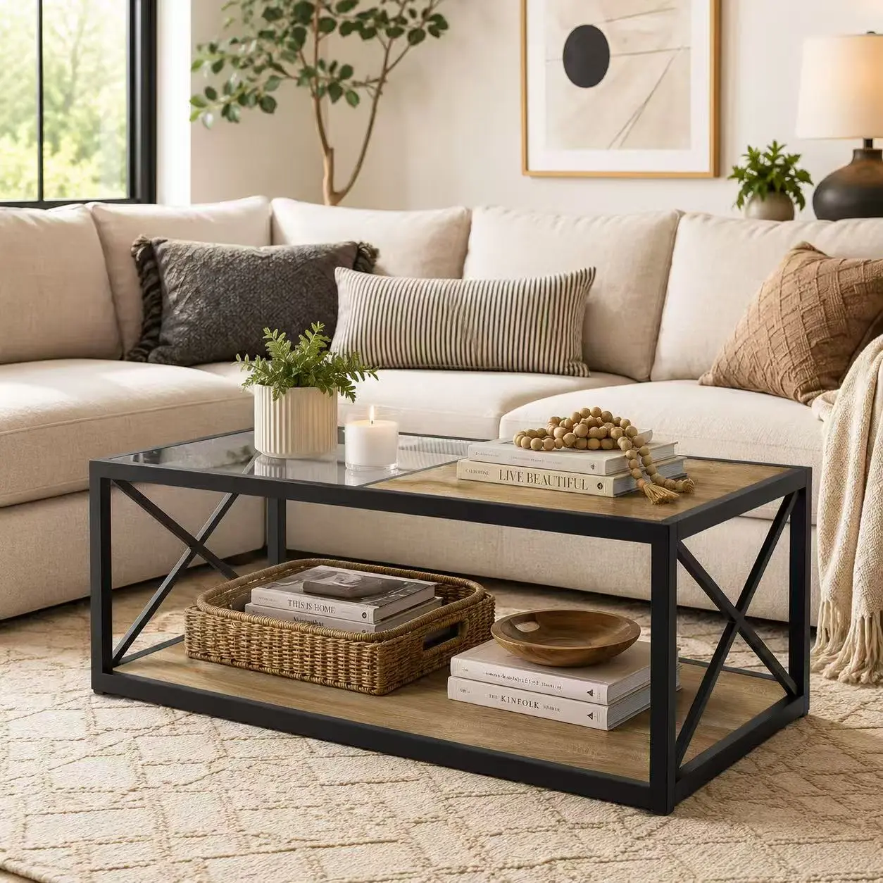 Modern Industrial Coffee Table, 105.9cm×63.5cm×13.5cm, Tempered Glass & MDF Tabletop with Metal Frame, 39.37"×22.83"×14.96", for Living Room Bedroom Study ,Home apartment small