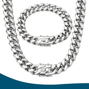 14mm Silver Cuban Link Chain Miami Necklace Bracelet, Stainless Steel Jewelry, Durable & Tarnish-Proof, Elevate Style for Men Women 7.5-30" Optional