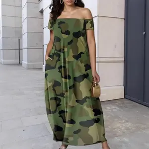 Women's Plus Size Green Camouflage Off-Shoulder/One-Shoulder Dress with Side Pockets - Elegant Maxi Long Dress, Themed Outfits for Parties, Events & Casual Attire, Machine Washable, Camo Costume