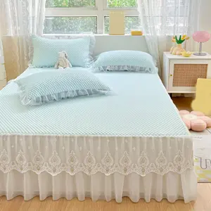 Cool Sensation Bean Ice Silk Bed Skirt Three-Piece Set, Romantic Princess Lace Bed Cover, Breathable Non-Slip Mattress Pad, Multiple Colors Available