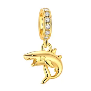MULA 14K Gold Plated Shark Charm for Pandora Bracelet – 925 Silver-plated Fierce Great White Ocean Animal Dangle Bead with Cubic Zirconia, Badass Marine Biology Beach Jewelry Gifts for Women