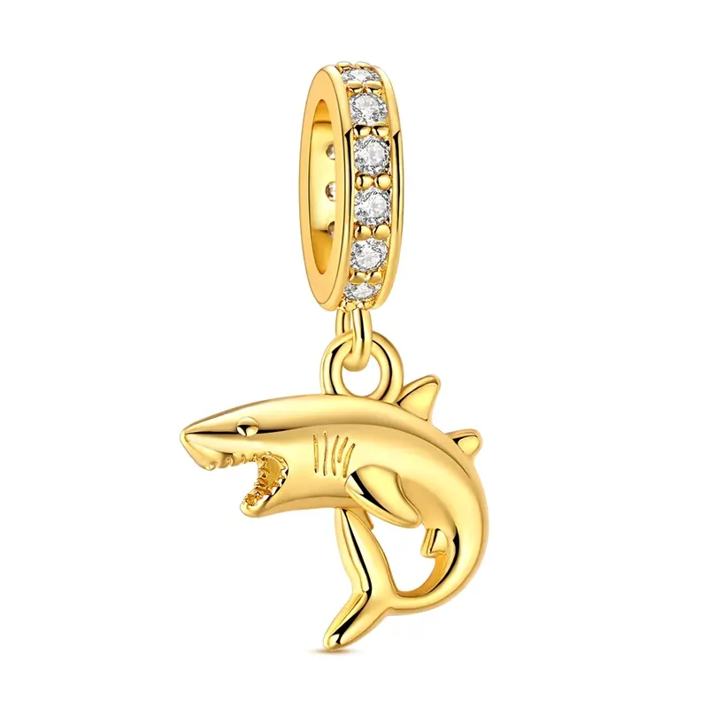 MULA 14K Gold Plated Shark Charm for Pandora Bracelet – 925 Silver-plated Fierce Great White Ocean Animal Dangle Bead with Cubic Zirconia, Badass Marine Biology Beach Jewelry Gifts for Women, Casual Wear, Animal Motif