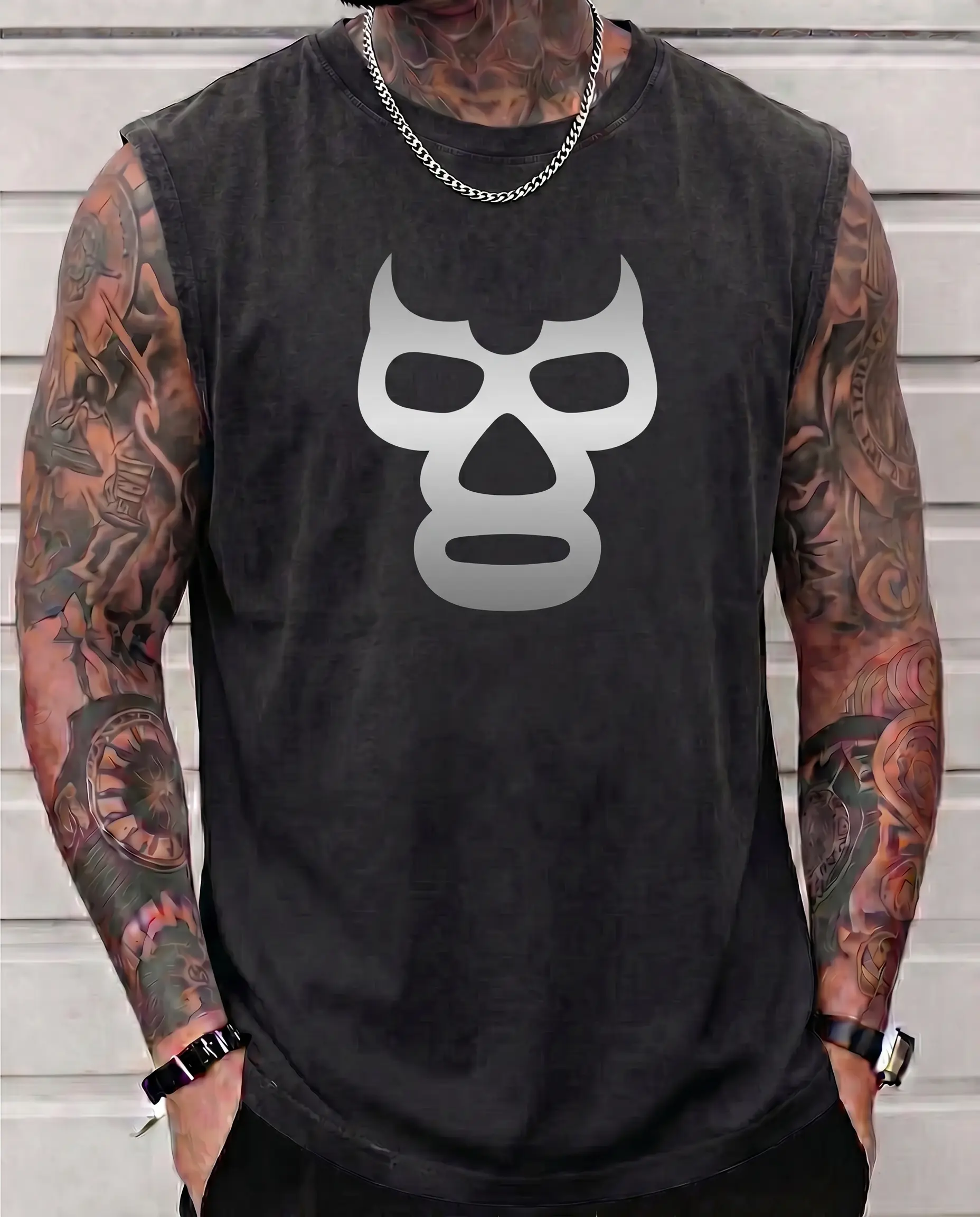 Men's Retro Cotton Tank Top - Vintage Blue Acid Wash, Lucha Libre Mask Graphic, Sleeveless Menswear, Mexican Wrestling Cinco de Mayo Casual Gymtok Chicano Streetwear Vest