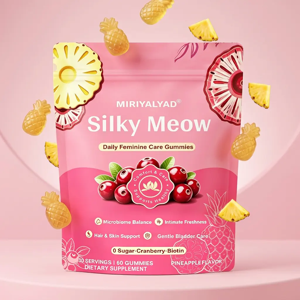 Silky Meow Daily Feminine Care Gummies, 60 Vegan Gummies/bag|Cranberry Probiotic Supplement for Women, Microbiome Balance & Bladder Support, Intimate Freshness, Hair & Skin Health, 0 Sugar Pineapple Flavor, Vitamins And Supplement, Family Gift, Healthcare