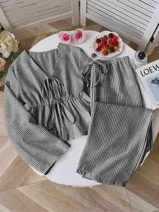 New Arrival Striped Loose Tie Top Two Piece Set, Womenswear, Comfortable High-End Elegant Long Sleeve, Sweet Fashion Casual