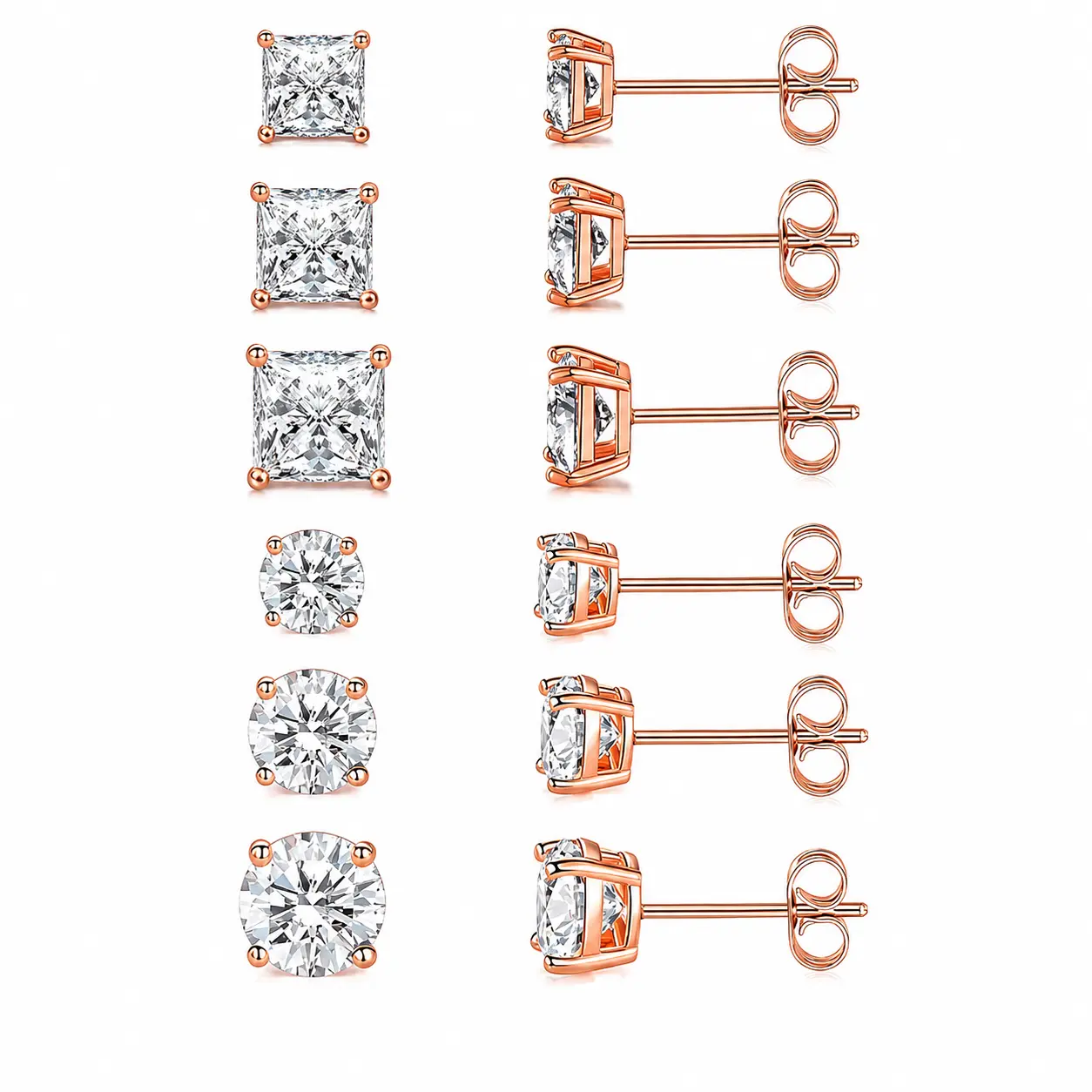 rose gold-6 pairs round/cubic set 3-5-7mm