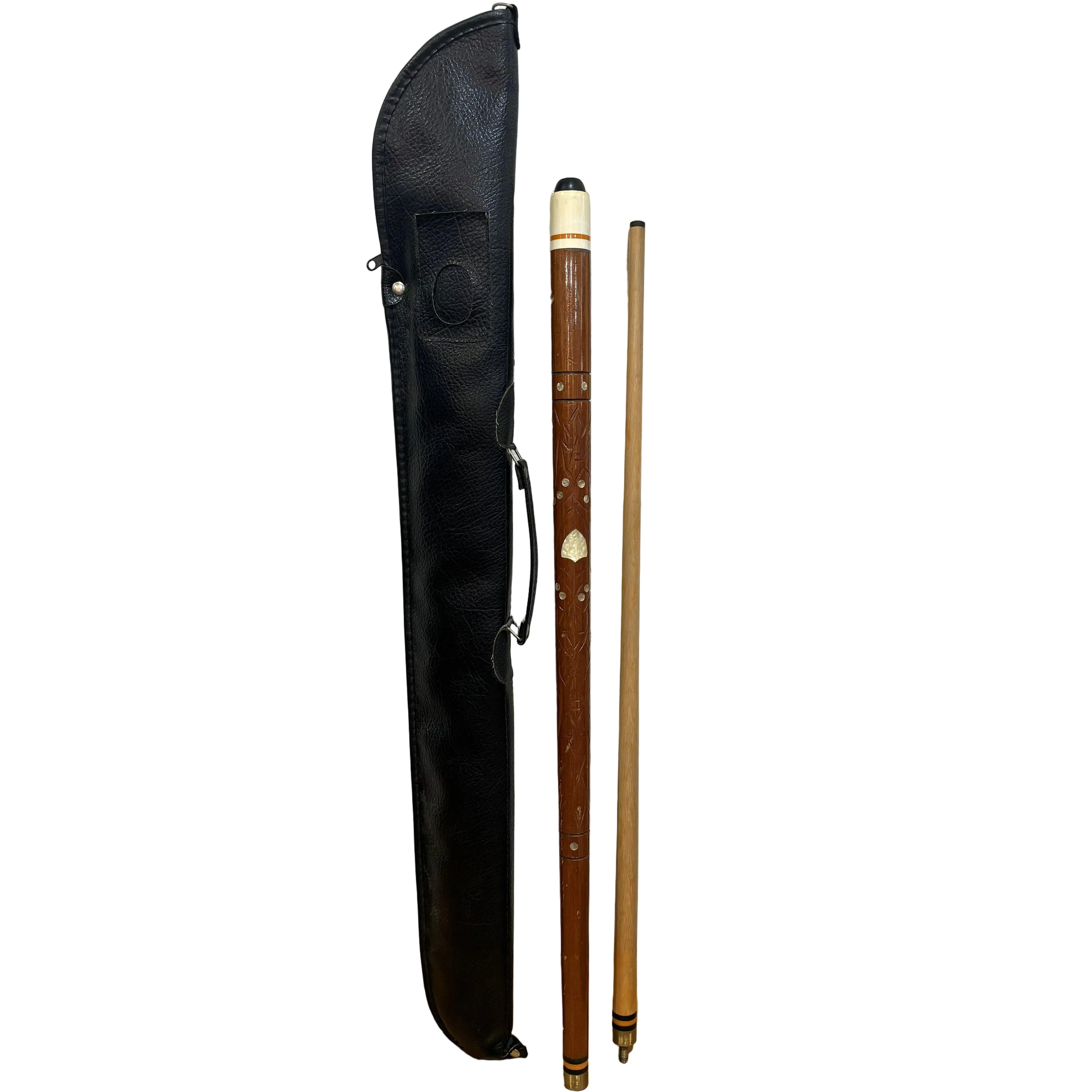 Vintage Pool Cue Carved Wood & Mother of Pearl Inlay With Leather Case - Gorgeous Mother of Pearl Pool Cue