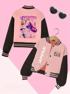 Girls Kpop Demon Hunters Korean Series Cartoon Print Baseball Jacket, Collared Jacket, Casual Fitted Fall Winter Elastic Outerwear, Christmas Gift, Striped Trim Jacket