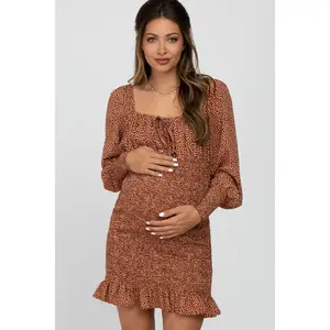 Rust Leaf Print Smocked Maternity Dress