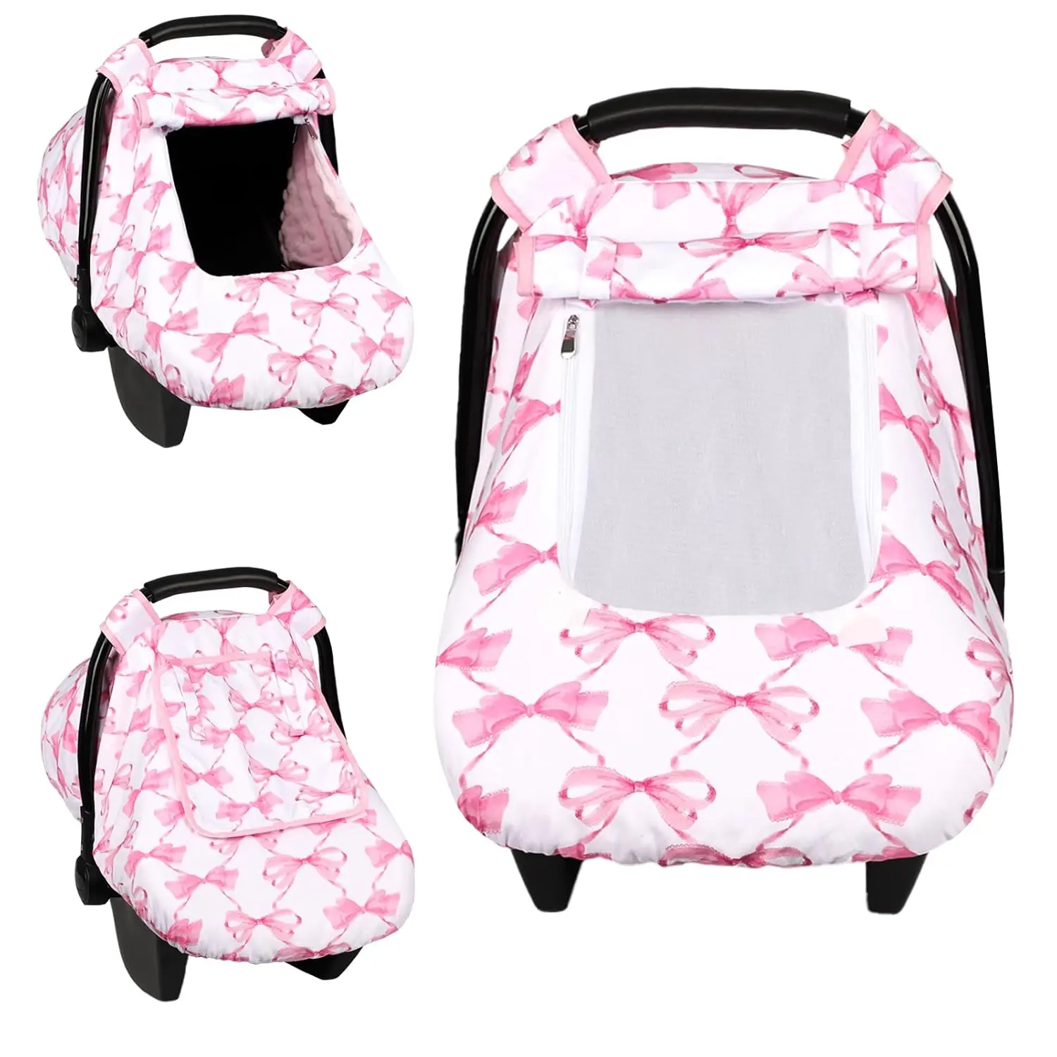 Baby Car Seat Cover for Girl Boy Cozy Windproof Newborn Carseat Canopy Minky Dot Backing with Breathable Mesh Window Pink Bow Stroller Cover