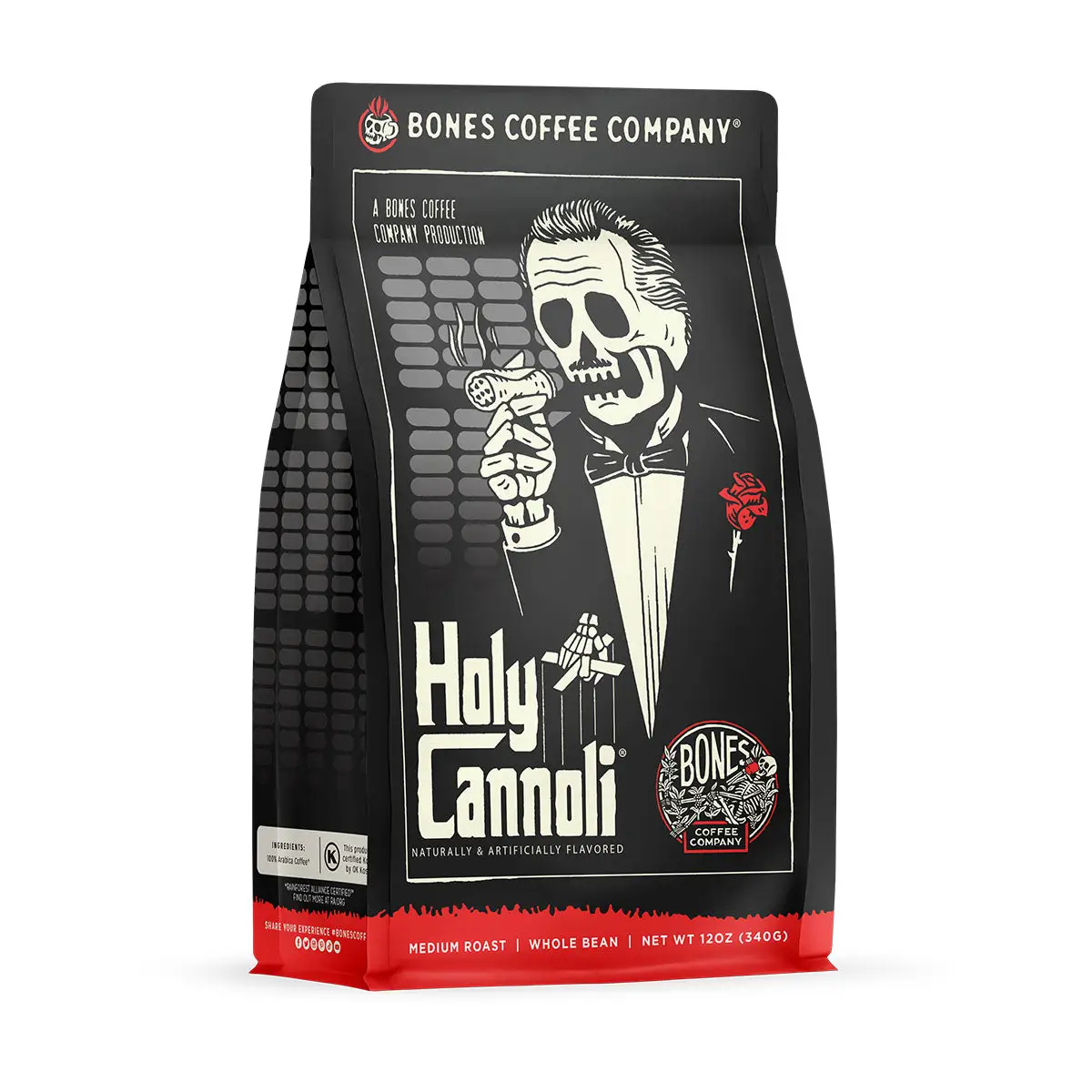 Bones Coffee Company Holy Cannoli Flavored, Cannoli Flavor, Made with Arabica Coffee Beans, Ground and Whole Coffee (12oz)