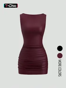 Women's solid color slim-fit sleeveless pleated faux leather dress, pleated design, fits the body shape, elastic waist, sexy Chic Elegant Formal midi dress, Womenswear