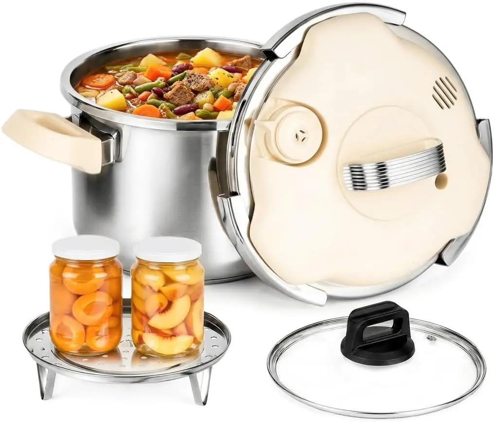 Pressure Cooker Stainless Steel Pressure Canner, 6 Quart Olla de Presion 3-In-1 Stovetop Pressure Pot with Glass Lid & Steamer, One-Hand Locking, Induction & Gas Compatible Steam Canner