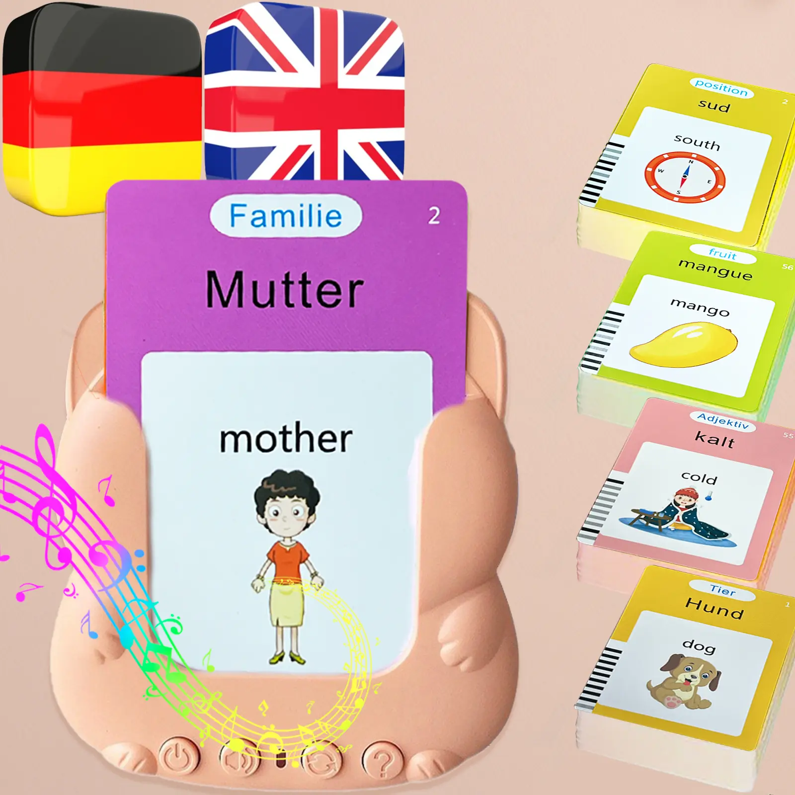 English German Talking Flash Cards Bilingual for Kids - 510 Sight Words in 31 Categories, Test Game Mode, Pocket Speech for Toddlers Adults, Audible Gifts for Boys Girls, Sensory Toys for Autistic Children, Learning Tool, Travel Essentials, Orange