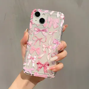 One Transparent Pink Bow TPU Material Shockproof Case with Precise Cutout Full Coverage for iPhone 13/16 Pro/17 Pro Max Plus Compatible with galaxy 24