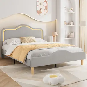 Garvee - Full Size LED Bed Frame with Adjustable Headboard and Footboard, Princess Upholstered Velvet Platform Bed Frame for Boys and Girls, Wooden Slat Support