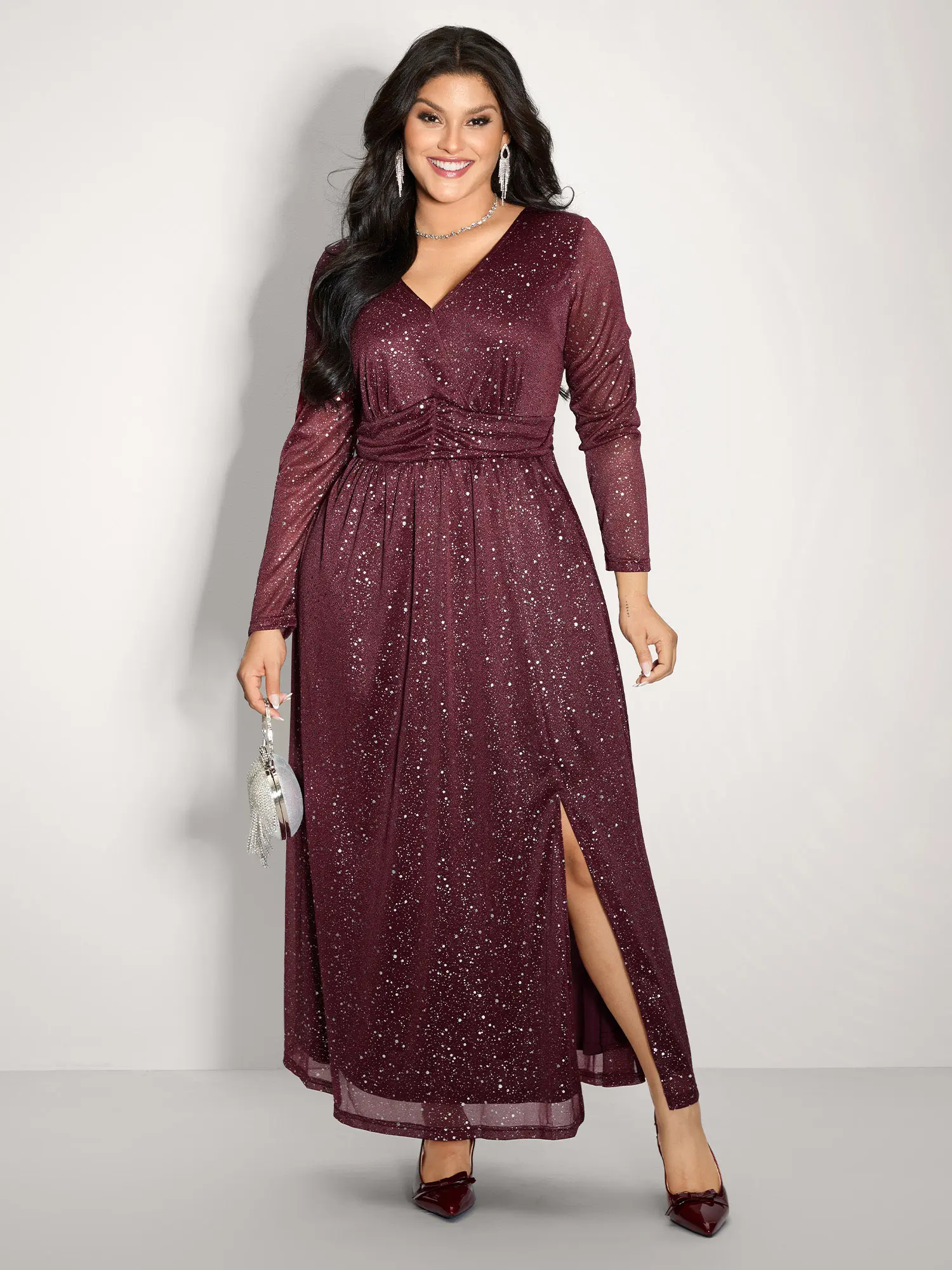 BLOOMCHIC Women's Elegant Ruched Floral Burgundy Long-Sleeve Overlap Collar Shimmery Hot-Stamp Pocket Slit Casual Maxi Dress - Polyester-Elastane Fabric, Affordable Fashion, Flattering Fit for Swimweek, Summerfinds, Lightweight, Casual Dresses, Maxi Dress