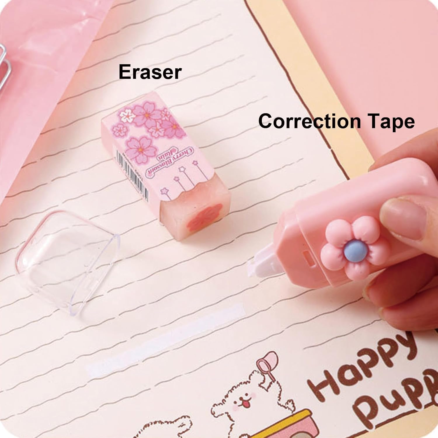 7-Piece Cute Pink Study Stationery Set — Mini Office Supplies Kit including a Ballpoint Pen, Pencil Sharpener, Highlighter, Correction Tape, Ruler, and Utility Knife — A Charming Stationery Gift Set Clip