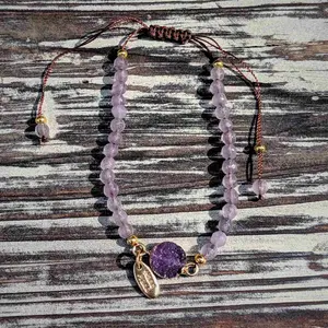 Purple Crystal Petite Bracelet – Adjustable Silk Cord with Gold Accents