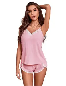 Ekouaer Womens Pajama Sets Soft Lingerie Sleepwear 2 Piece Cami Shorts Set V Neck Pj Lace Nightwear