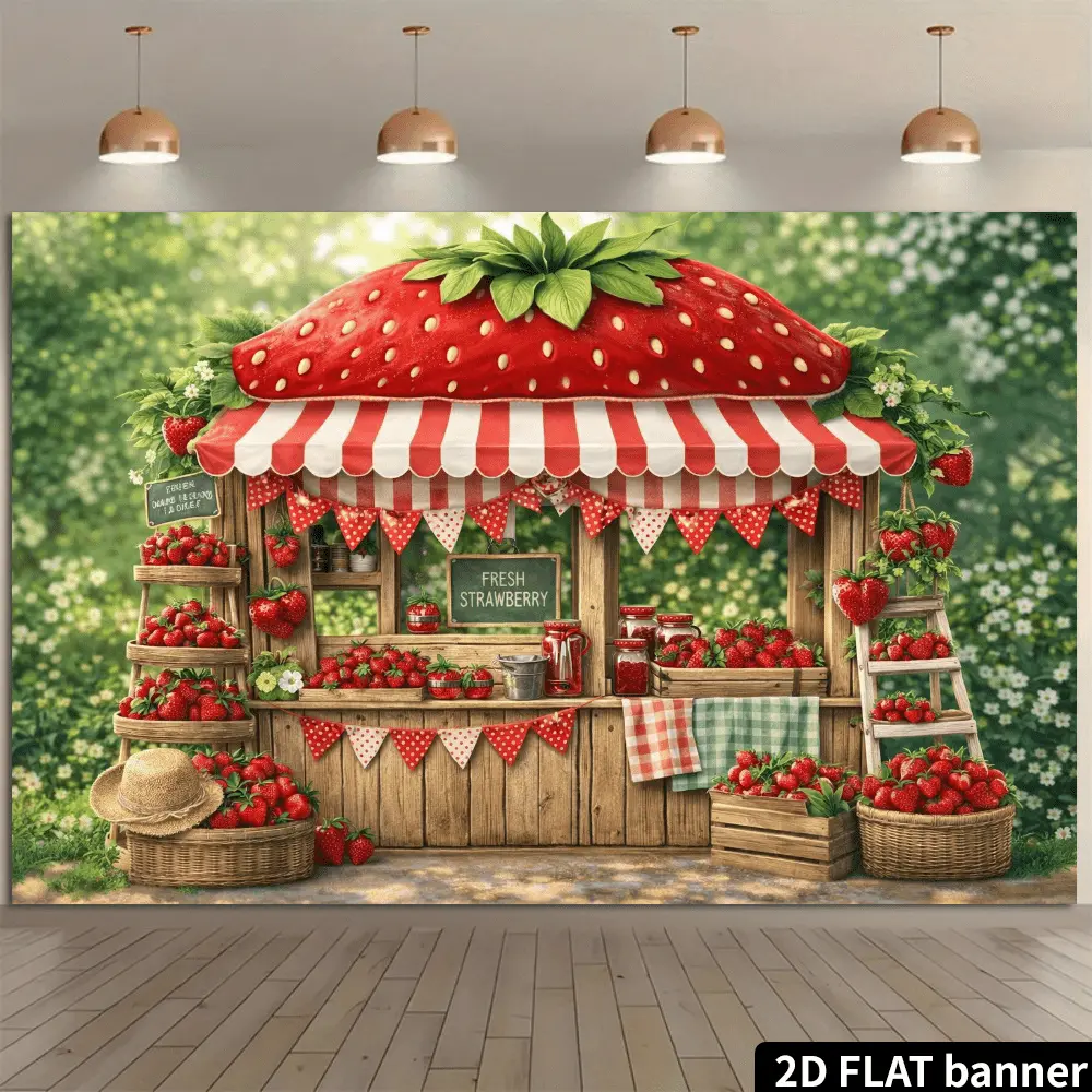 2D Flat Polyester Festive Backdrop Banner - HD Digitally Printed Strawberry Stand Fruit Market Design, Soft Lightweight Foldable Cloth, Indoor Birthday Decor for Product Photography, Studio Use, Photographic Images, Flat Banner, Indoors