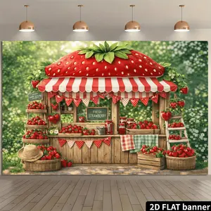 2D Flat Banner Polyester Photography Backdrop, HD Digitally Printed Strawberry Stand Fruit Market Design, Soft Lightweight Foldable Background Cloth for Birthday Party, Summer Event, Product Photography, Photo Booth, and Studio Ba
