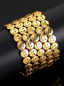 18k Gold-Plated Copper Zircon Charm Bracelet, Gold Bracelets, Smiling Face Design, Unisex Elastic Rope Bangle, Perfect for Daily Wear & Gifts