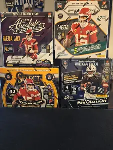 PYT Break- 4 Total Boxes- (1) 2025 Panini Select Mega Box (Black & Green), (1) 2025 Panini Prizm Mega Box (Neon Green), (1) 2025 Panini Revolution Mega Box, (1) 2025 Panini Absolute Mega Box  - FOOTBALL
