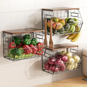 3 Pack Stackable Metal Fruit Basket with  Lid-Wall Mounted&Countertop Organizer for Kitchen,Pantry- Ventilated Storage for Onions,Potatoes,Fruits,Spices