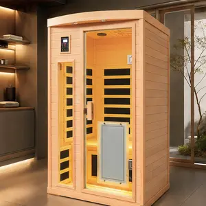 ARCH Hemlock Wood Far-Infrared Indoor Two-Person Sauna Room with Low EMF, 8 Heating Panels, LCD Touch Control, Bluetooth Audio, LED Reading Light, Natural Wood Finish, 1750W, 120V, 60Hz, for Home Spa Relaxation and Detoxification, Color: Natural Wood