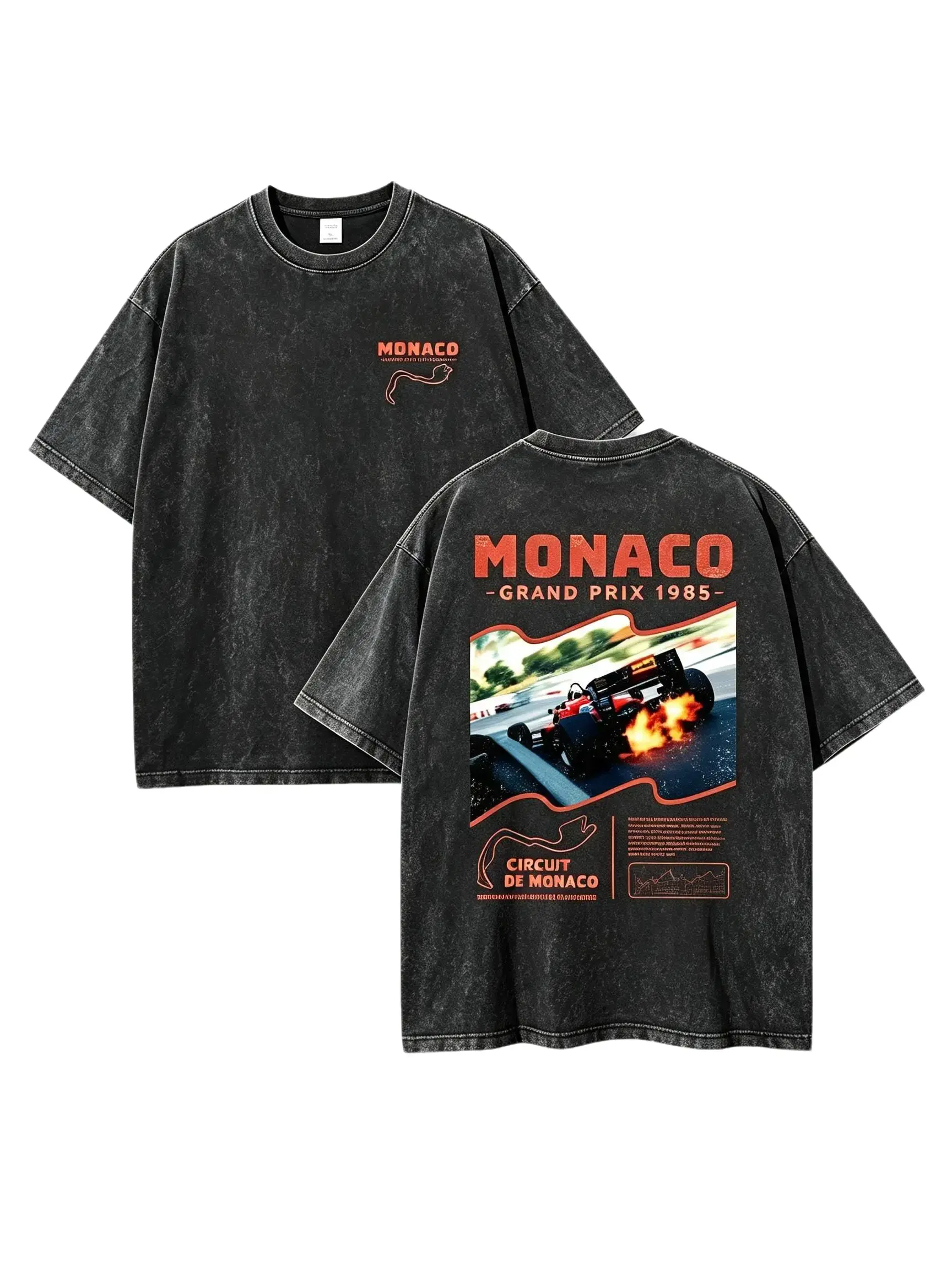 Men's 1985 Monaco Grand Prix 100% Cotton Oversized Loose Shortsleeve Graphic Tshirt - Circuit de Monaco Design, Front Logo Print, Vintage Washed F1 Motorsport Streetwear, Machine Wash, Daily Casual Fan Top