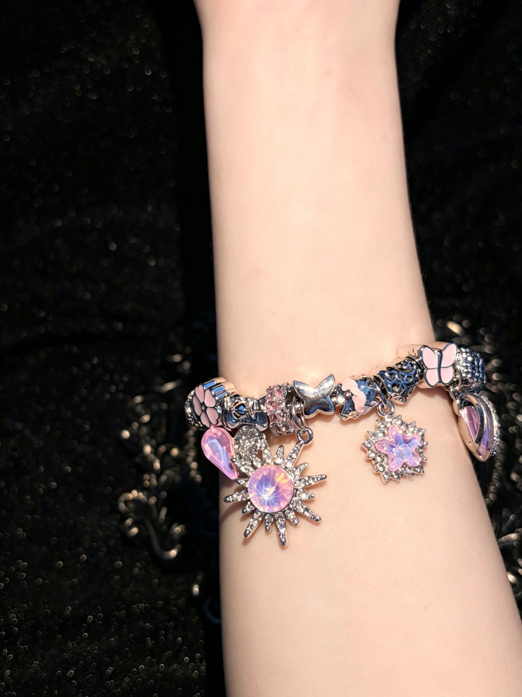 Pink Purple Crystal Sun Castle Charm Bracelet, Silver Plated Adjustable Snake Chain Bead Bracelet, Fashion Dangle Butterfly Flower Heart Beads Jewelry Gift for Women Girls Pink Purple Crystal Sun Castle Charm Bracelet, Silver Plated Adjustable Snake Chain Bead Bracelet, Fashion Dangle Butterfly Flower Heart Beads Jewelry Gift for Women Girls
