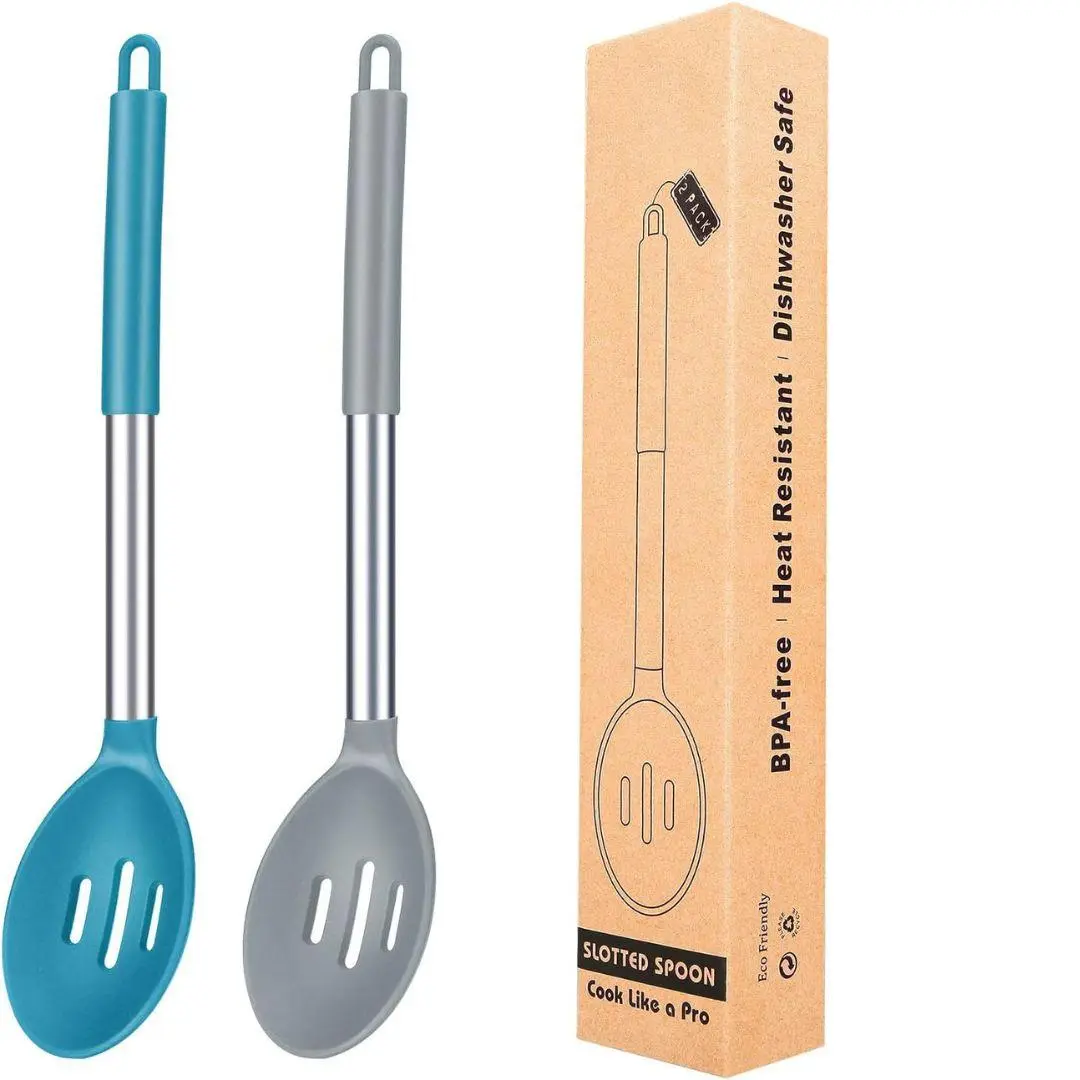 Pack of 2 Large Silicone Slotted Spoon Kitchen Skimmer with High Heat Resistant BPA Free Non Stick Cooking Ladle Strainers For Draining and Frying (Gray-Blue)