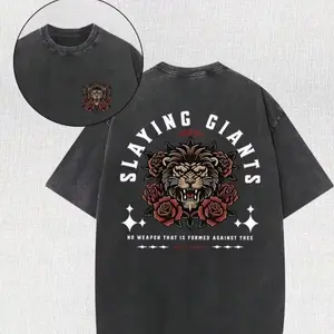 Slaying Giants Lion & Roses Washed 100% Cotton Oversized Tee | Faith Inspired Streetwear