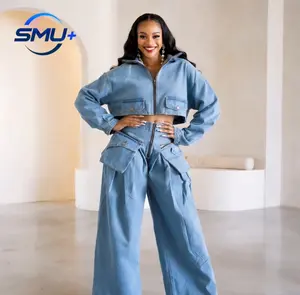 Fashion Retro Short Jacket and Long Pants Workwear Wide Leg Loose Heavyweight Denim Two-Piece Set Women's Clothing